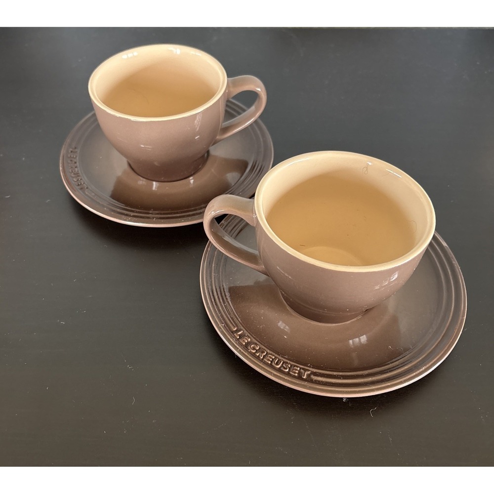 Le Creuset Tea Cup & Saucer Brown Gray Set of 2 Stoneware